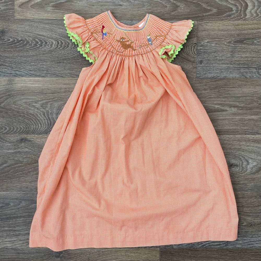 Mom & Me Smocked Orange Gingham Embroidered Fall Dress Girls Size 4